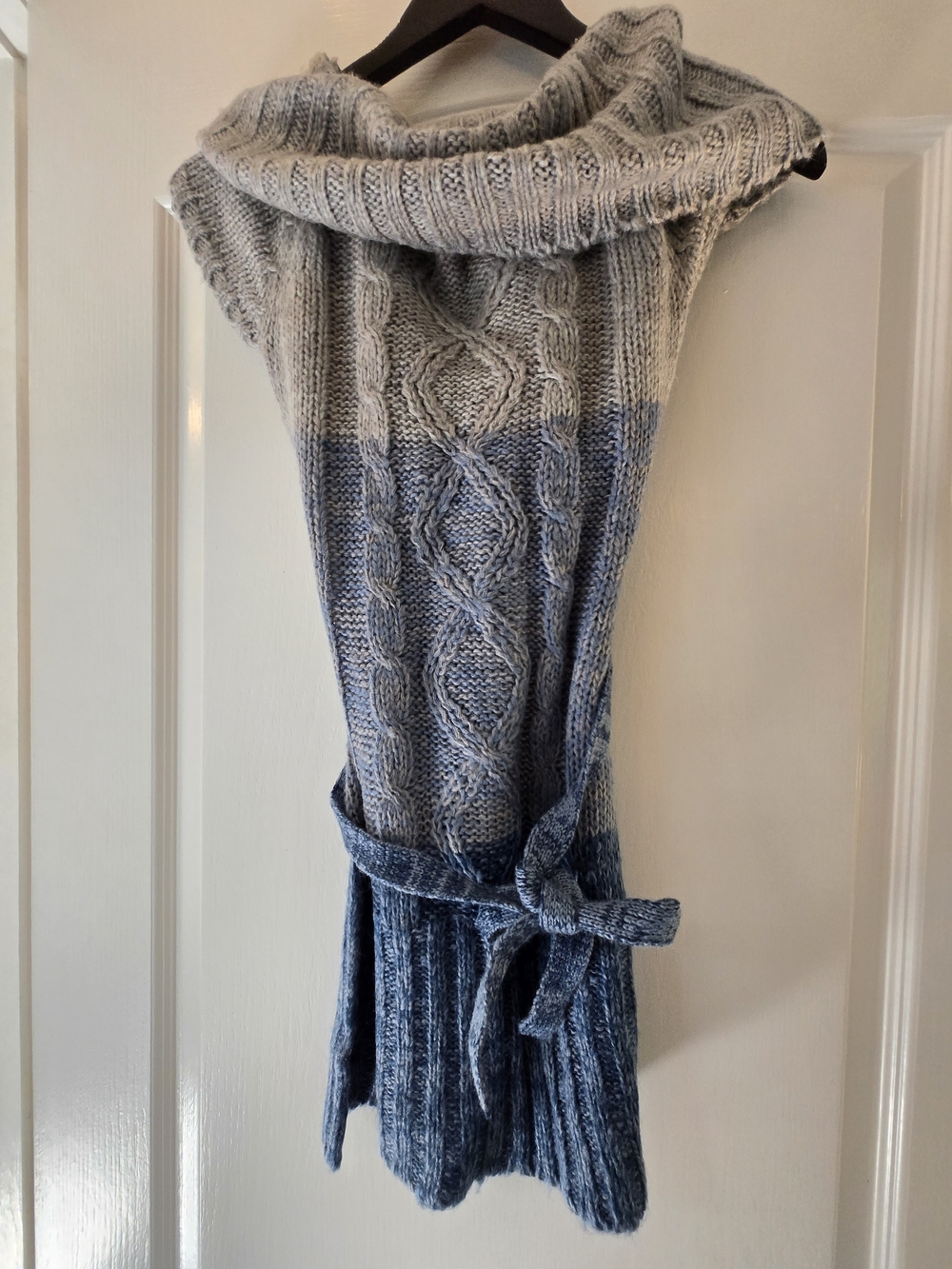 Gray and Blue Cable Knit Belted Women’s Sweater